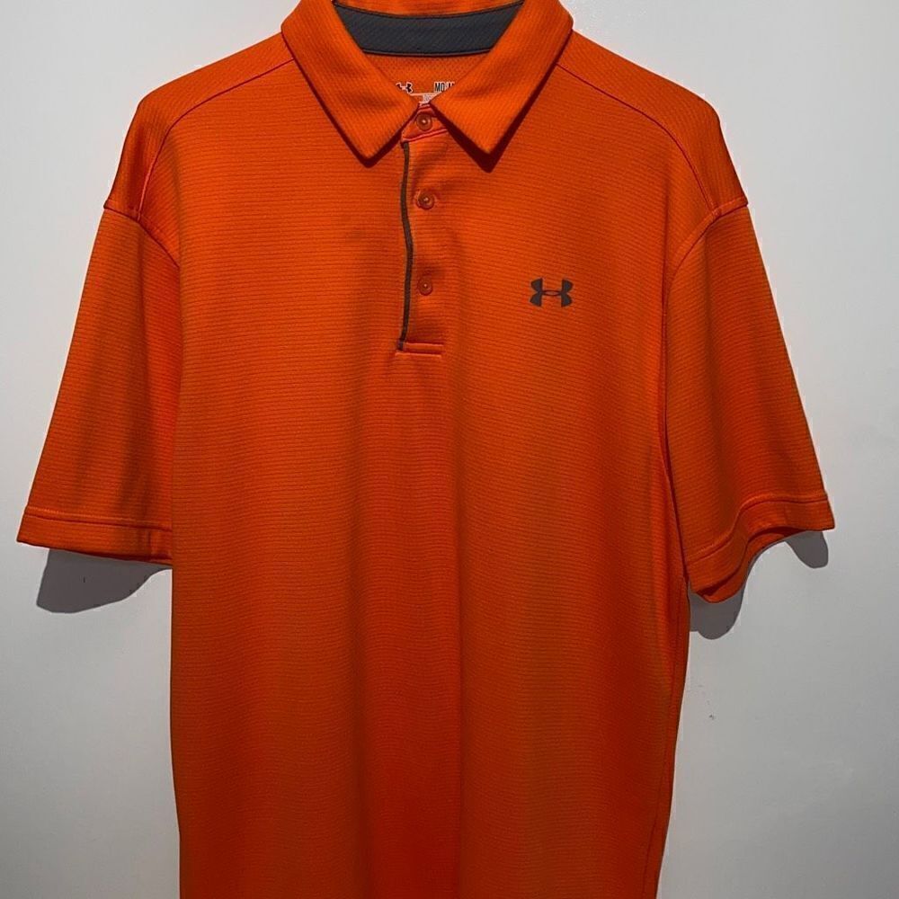 Under Armour Heat Gear Mens Short Sleeve Quarter Button Orange Golf Polo Shirt M